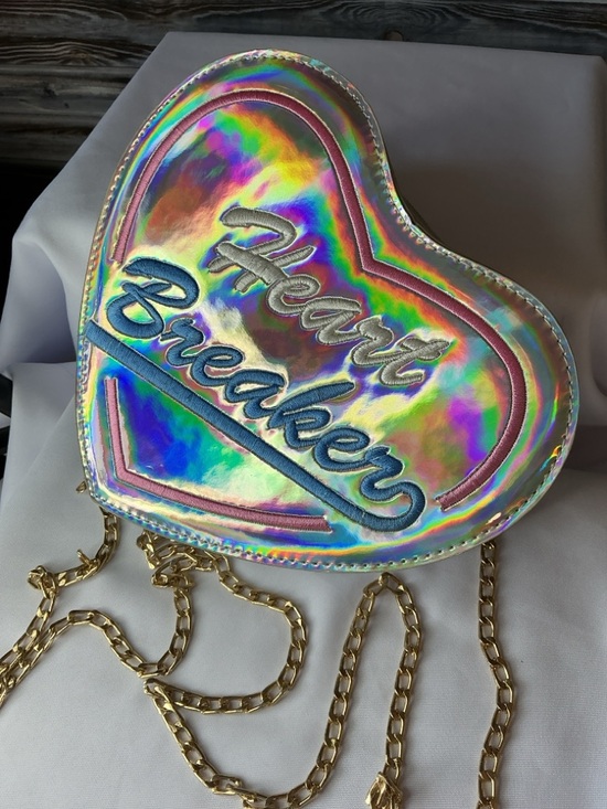Handbags - Heart Breaker Holographic Heart Crossbody Bag Gold Chain
